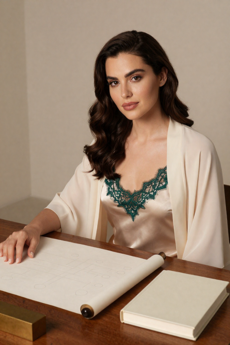 LinktreeAlt muse in a champagne silk slip dress with emerald lace, seated at the desk with the blank family-tree scroll and a plain-covered biography book